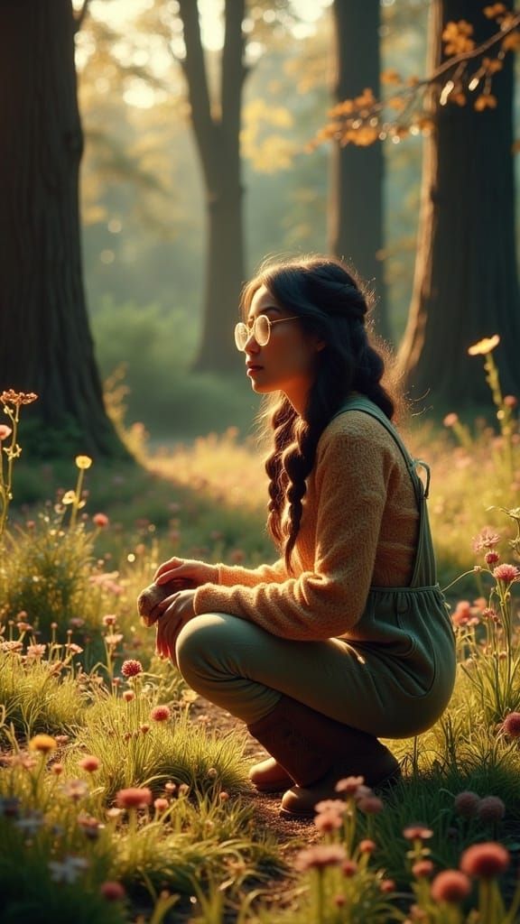 BIPOC Woman in Redwood Garden with Iridescent Eyes and Peach...