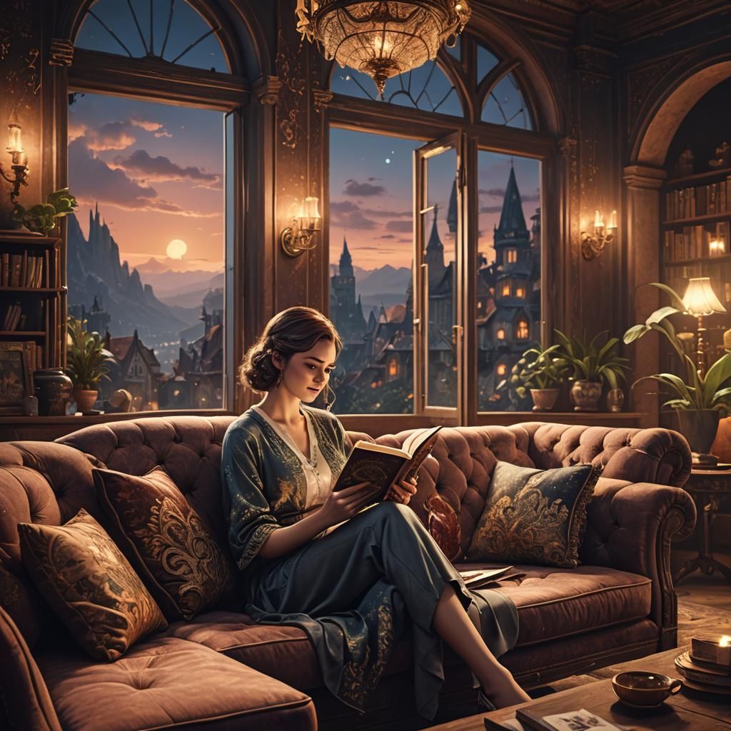 Girl Reading in Vintage Living Room: Fantasy Art