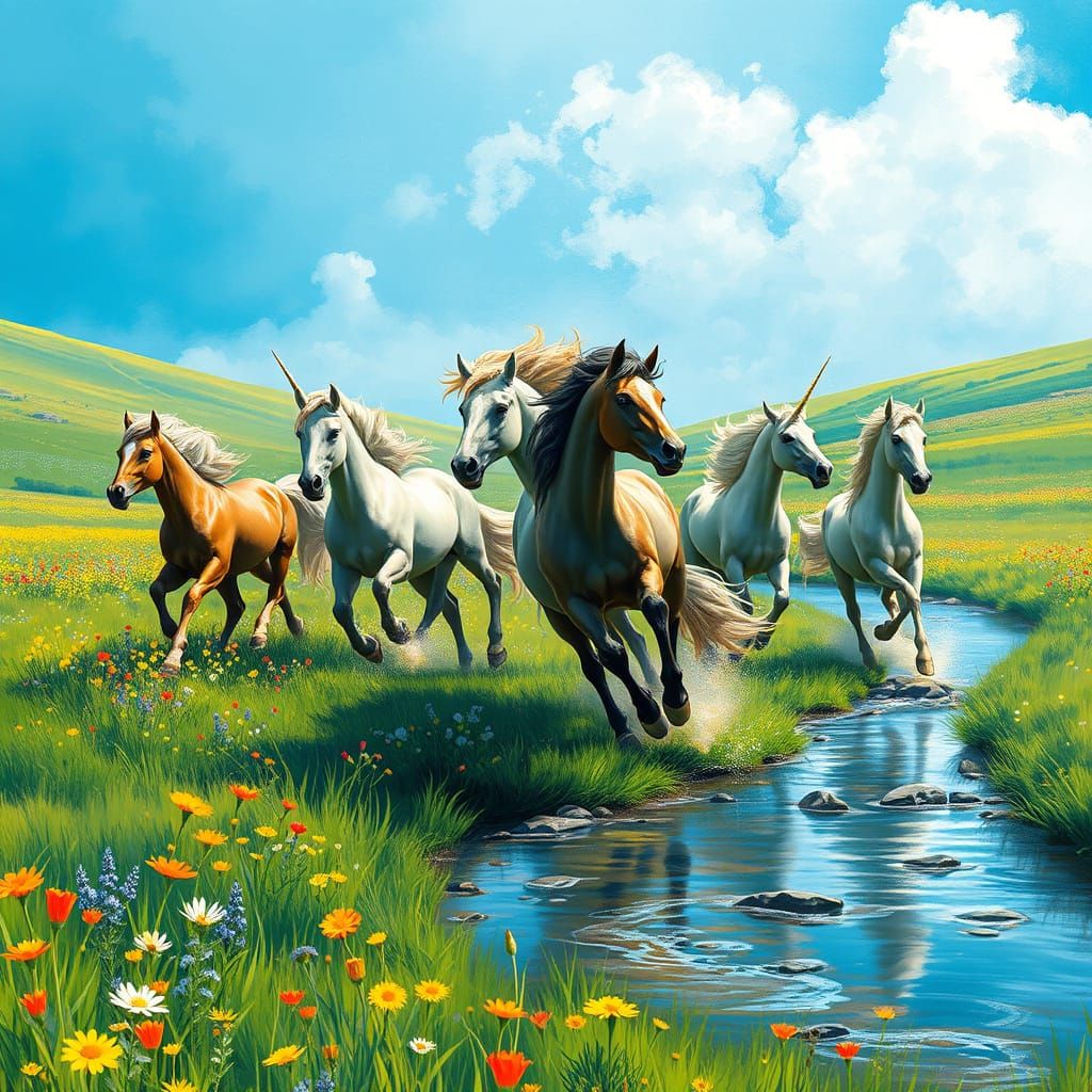 Vibrant Meadow Scene with Wild Horses and Unicorns in Motion