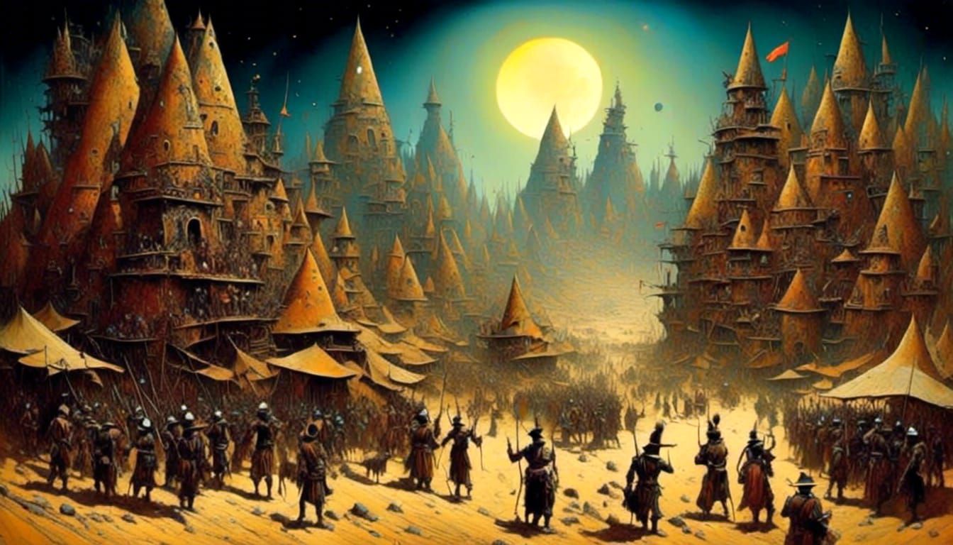 Israelites' Forced Labor in Cosmic Surrealism Style