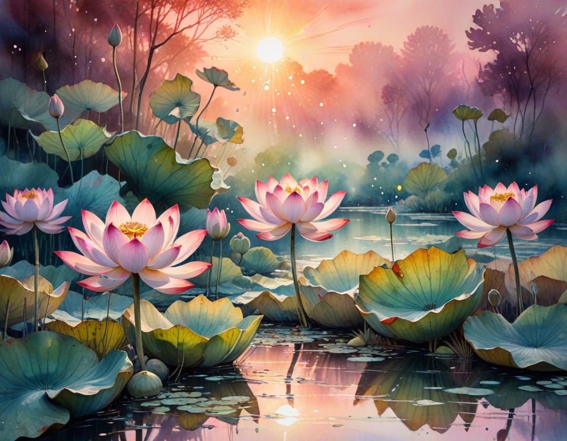 Glowing Lotus Blooms in Whimsical Fantasy Art