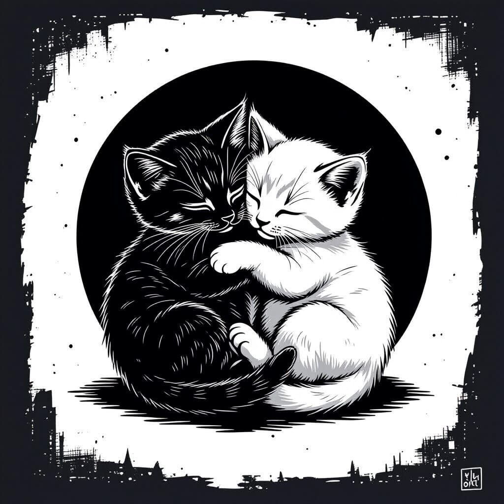 Yin Yang Kittens Cuddling in Banksy Style