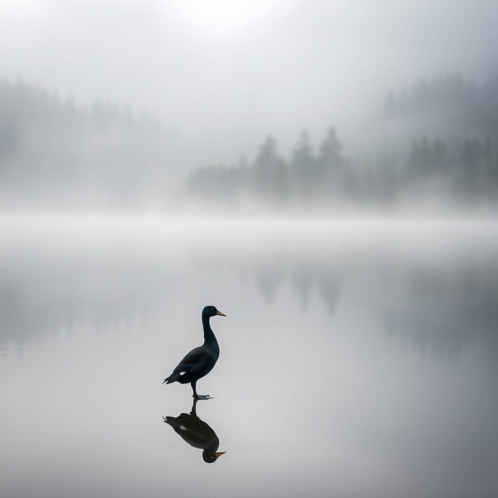Black Duck in Misty Lake: Professional Photography