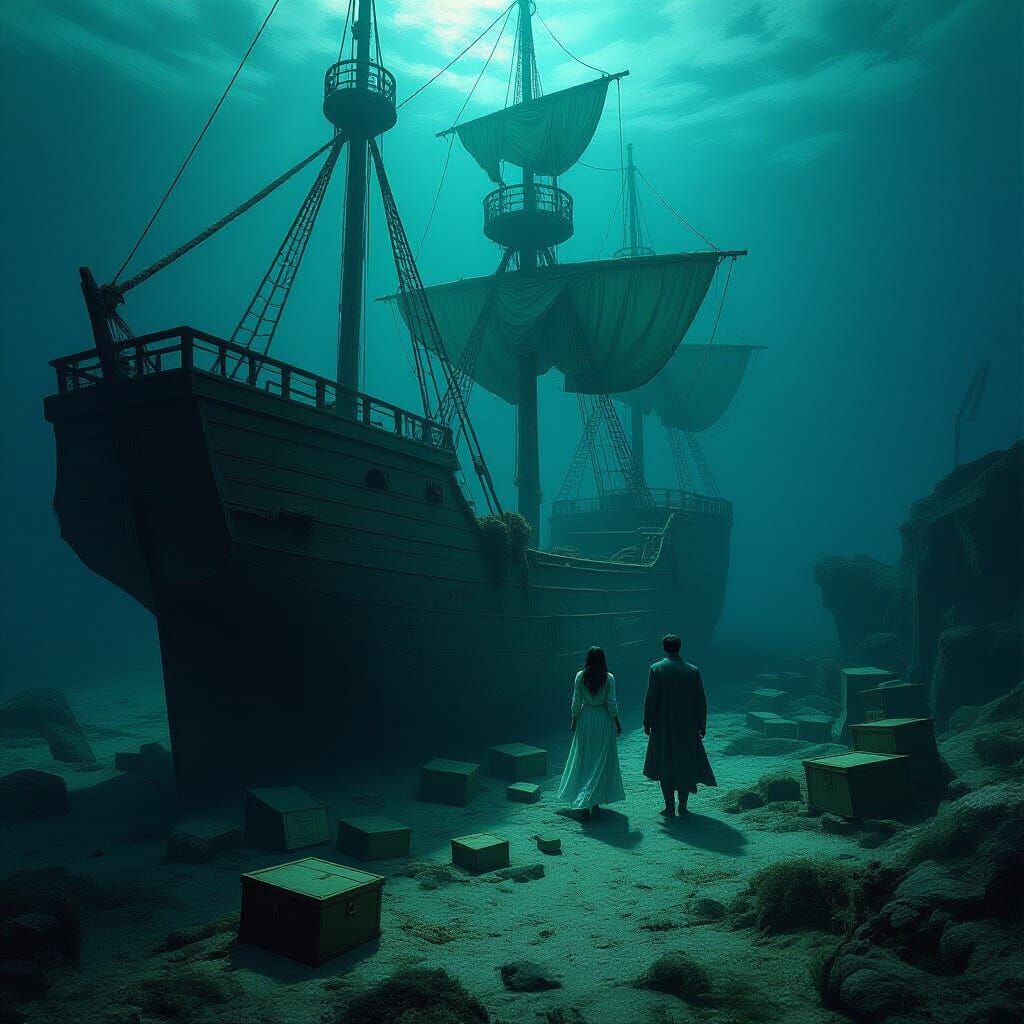 Sunken Shipwreck with Distressed Figures in Dark Sea