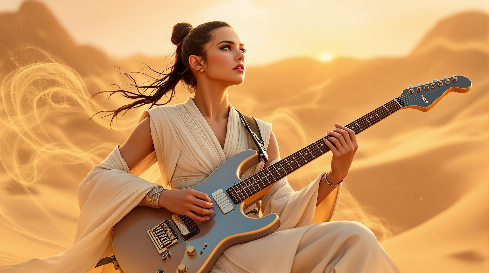 Rey Skywalker Shreds Electric Guitar in Desert Storm