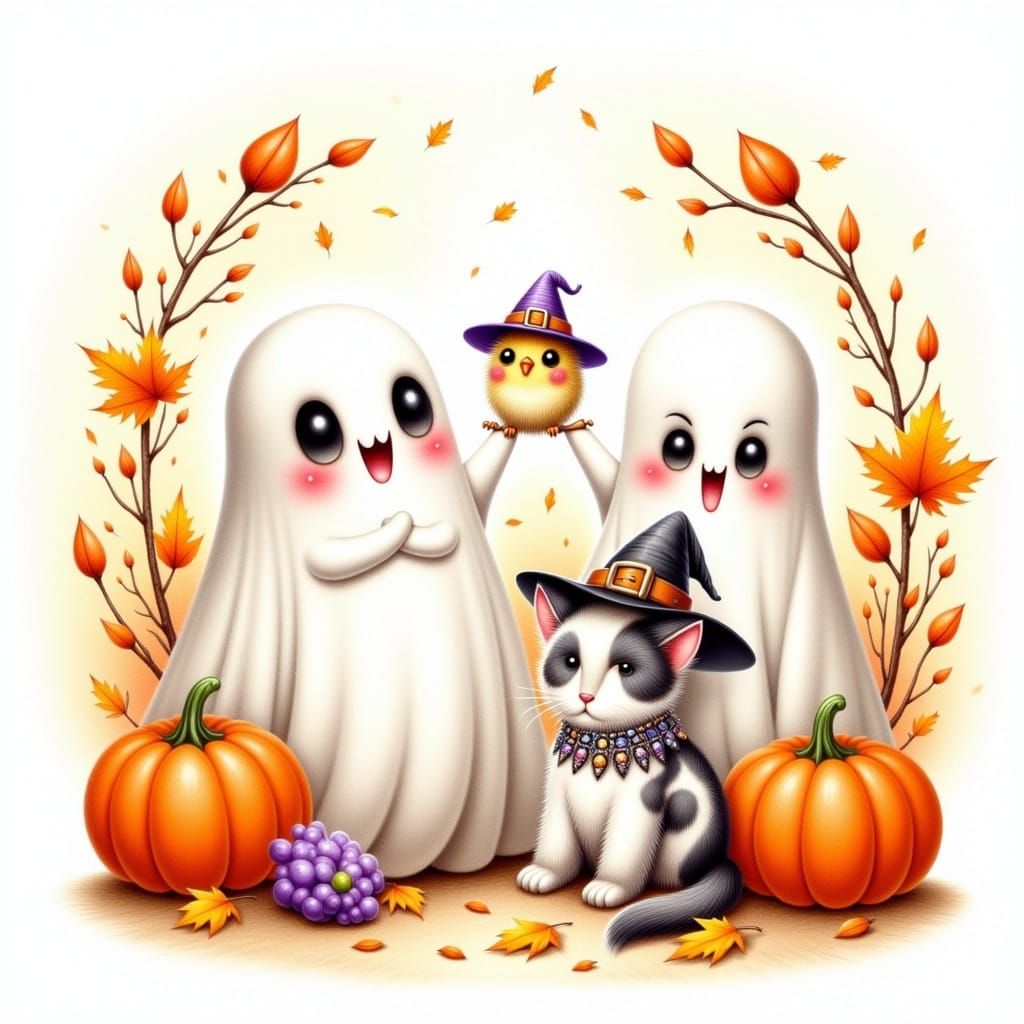 Whimsical Autumn Scene with Ghosts, Bird, and Cat