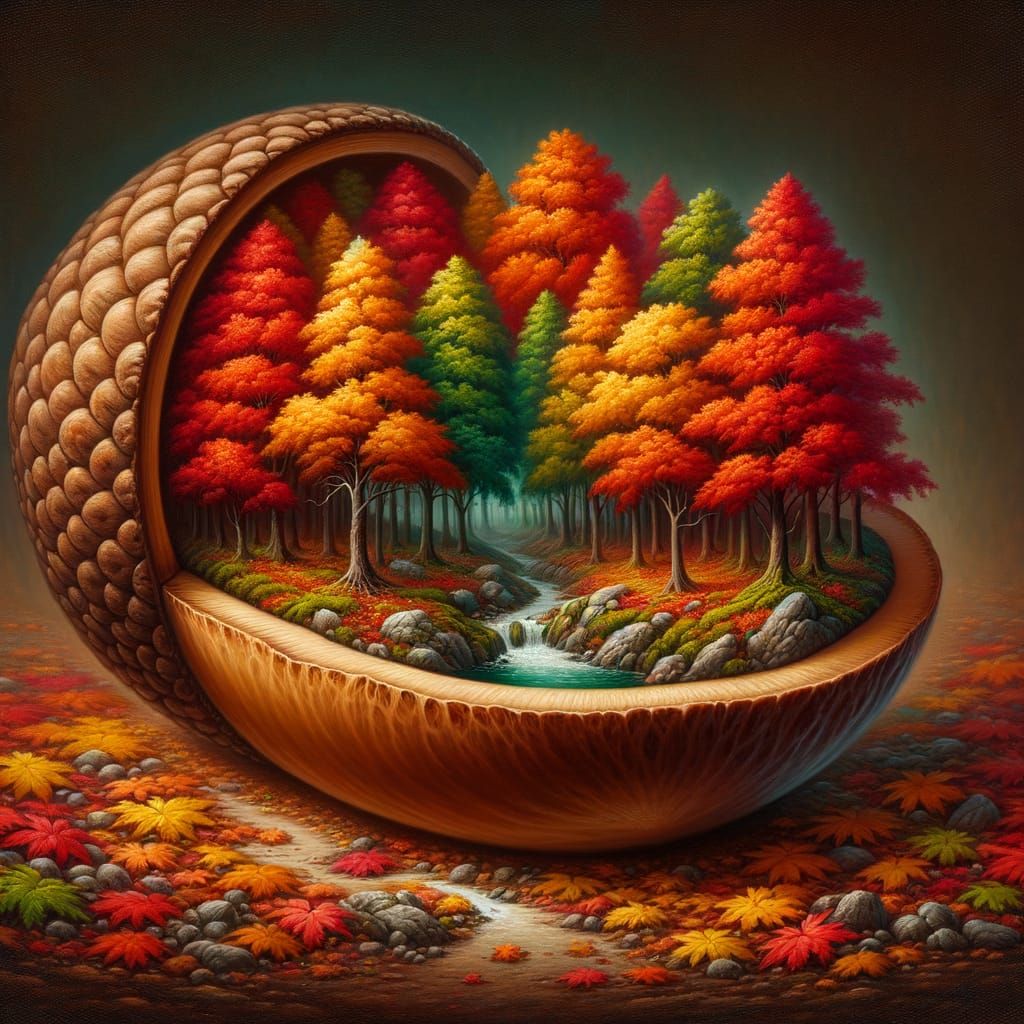 Miniature Autumn Forest Inside Acorn, Surreal Realism