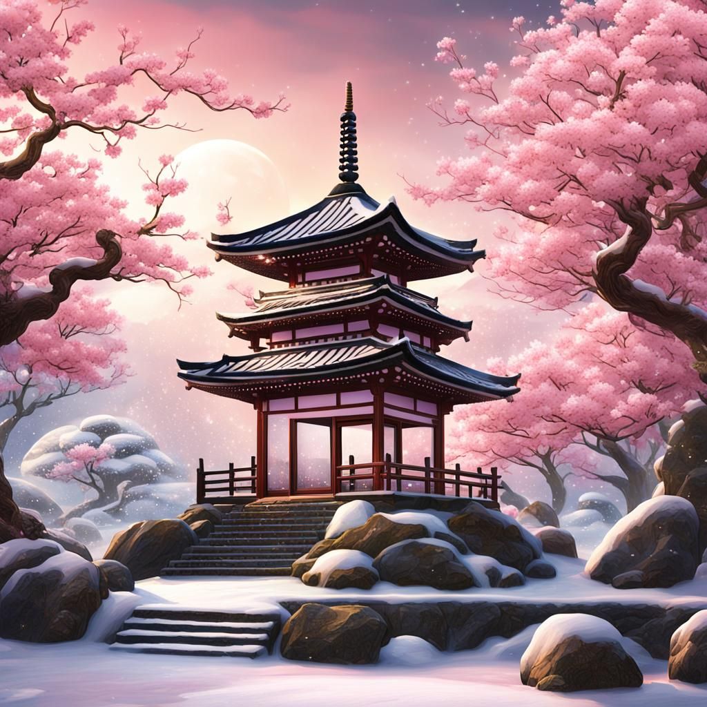 Japanese Pagoda Snow Globe in Winter Landscape