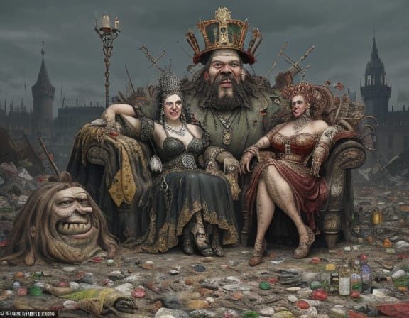 Trash King and His Grotesque Queens in a Satirical Overt Oil...