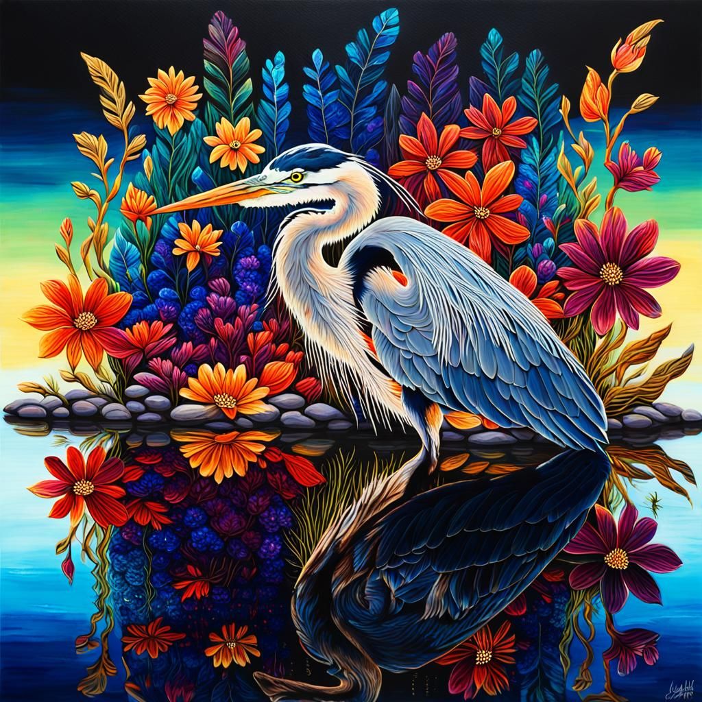 Bioluminescent Heron with Jewel-Toned Flowers