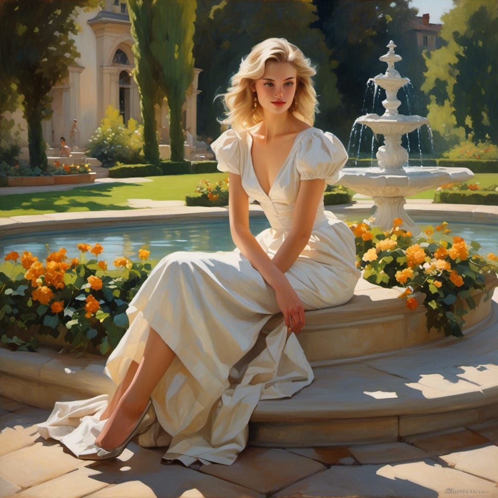 Blonde Woman at Fountain in Georgian Manor