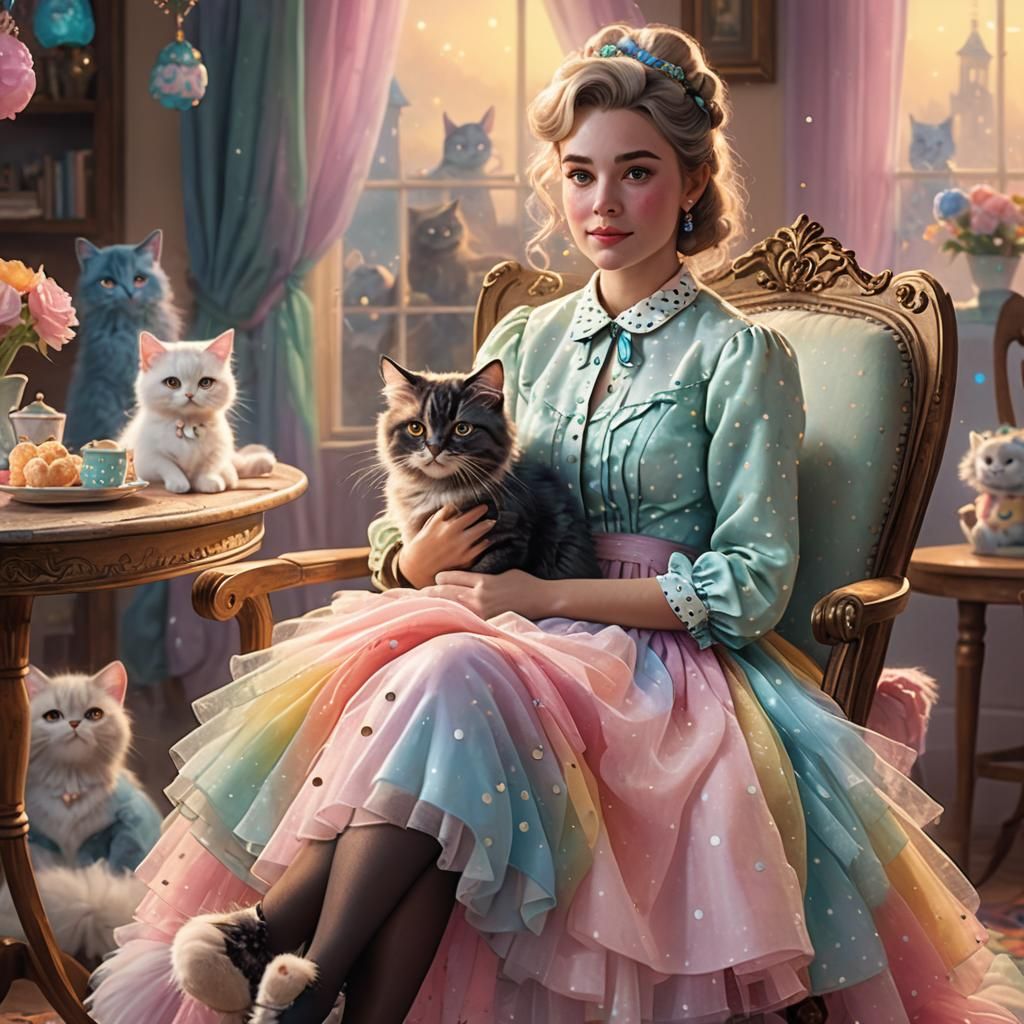 Lady with Fluffy Cat in Whimsical 3D Art