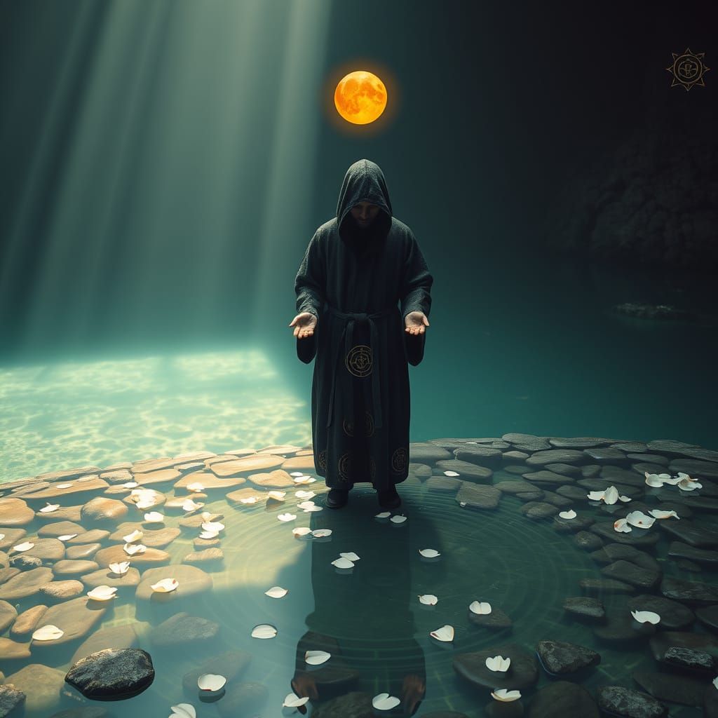 Wellspring Pool Sanctuary: Serene Scene with Glowing Glyphs