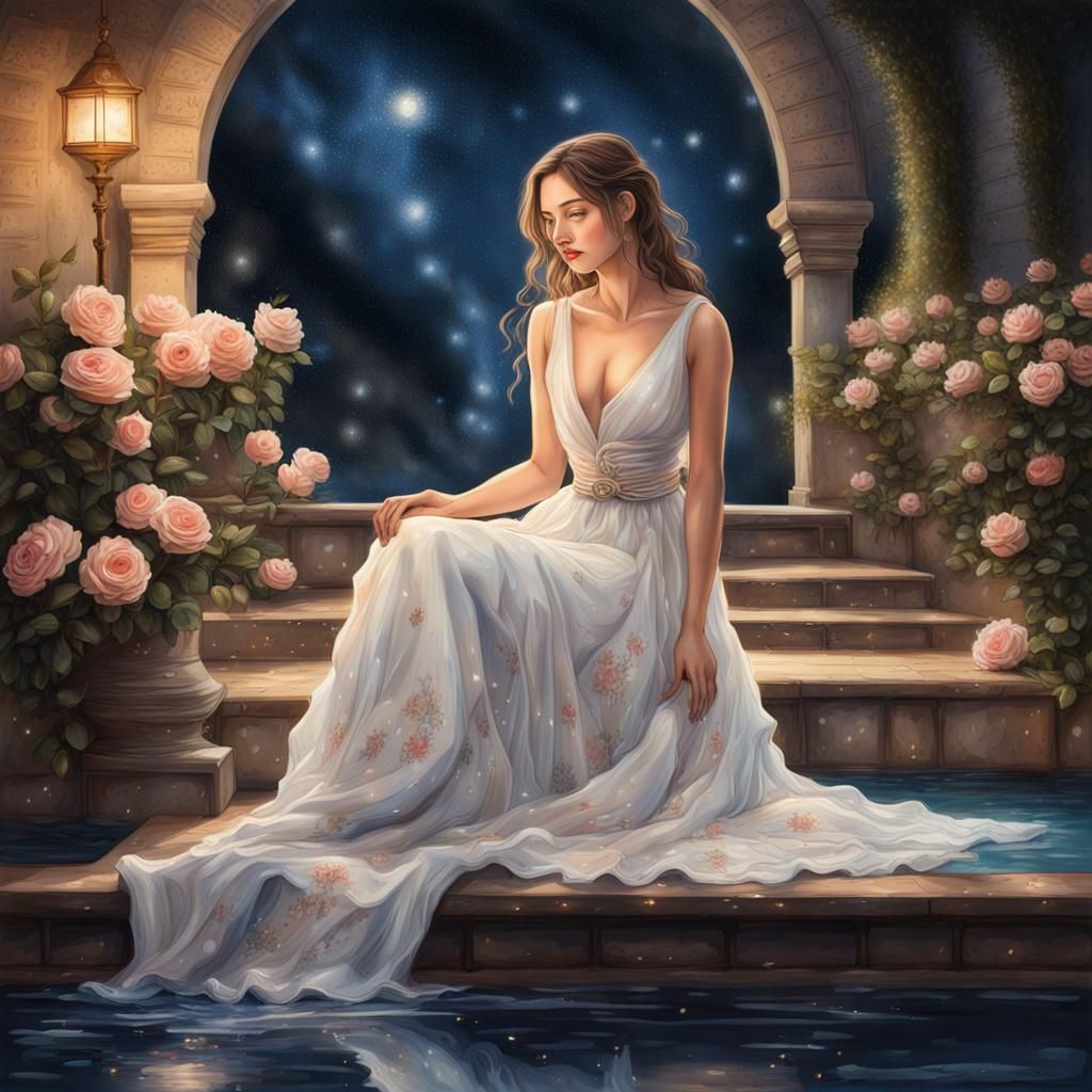 Dreamy Woman in Garden at Starry Night