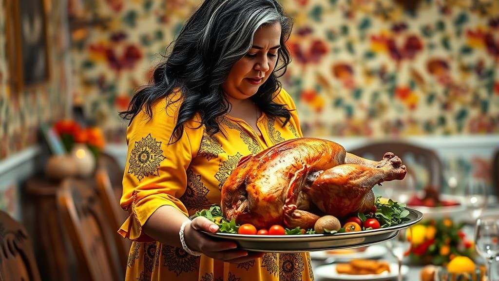 Woman Carries Turkey to Dinner Table in Hyperrealistic Style