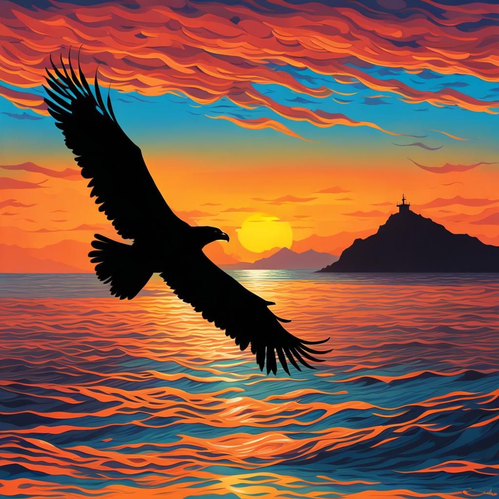 Eagle Silhouette Soaring Over Sunset Ocean, Oil Painting