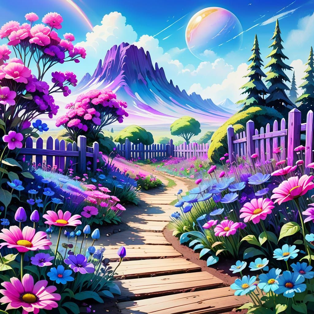 Vibrant Alien Garden with Wooden Fence