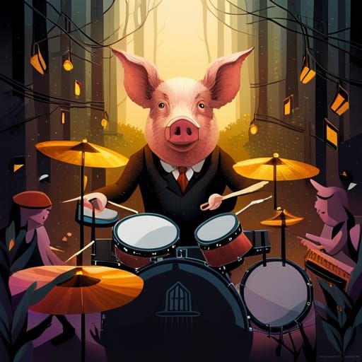 Pig Plays Drums as Collage Art