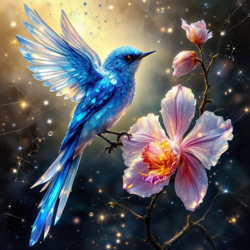 Crystal Bluebird on Orchid: Luminous Oil Painting