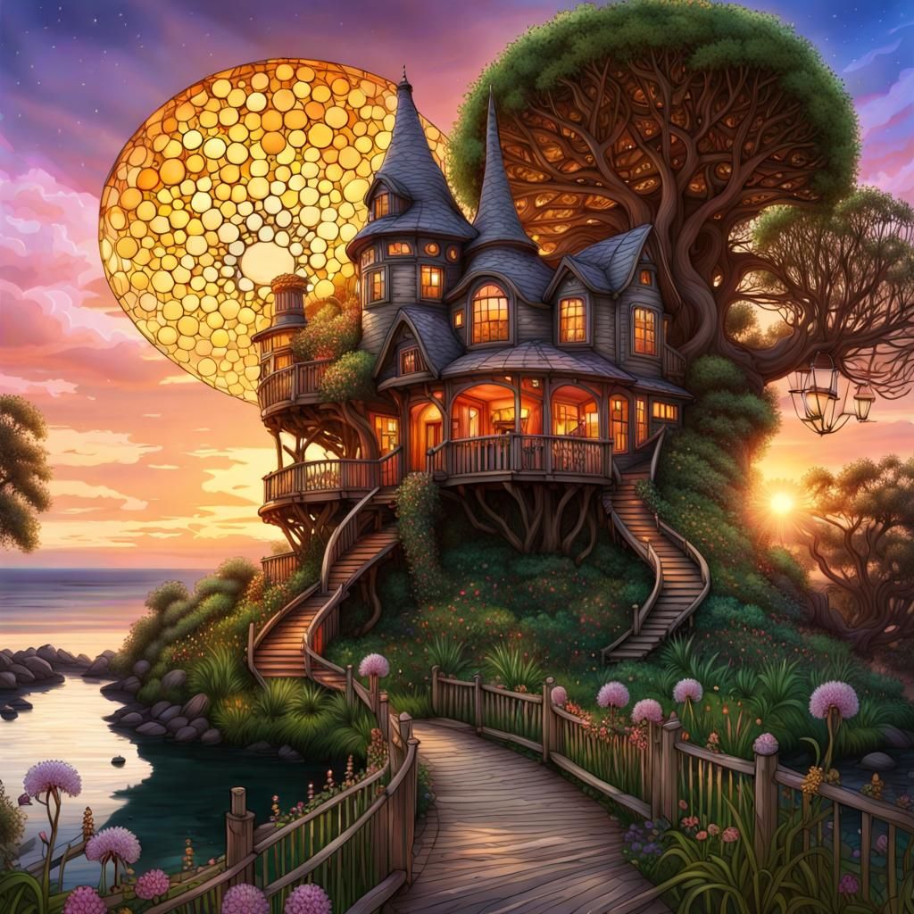 Magical Treehouse Home with Nymph in Impressionist Style