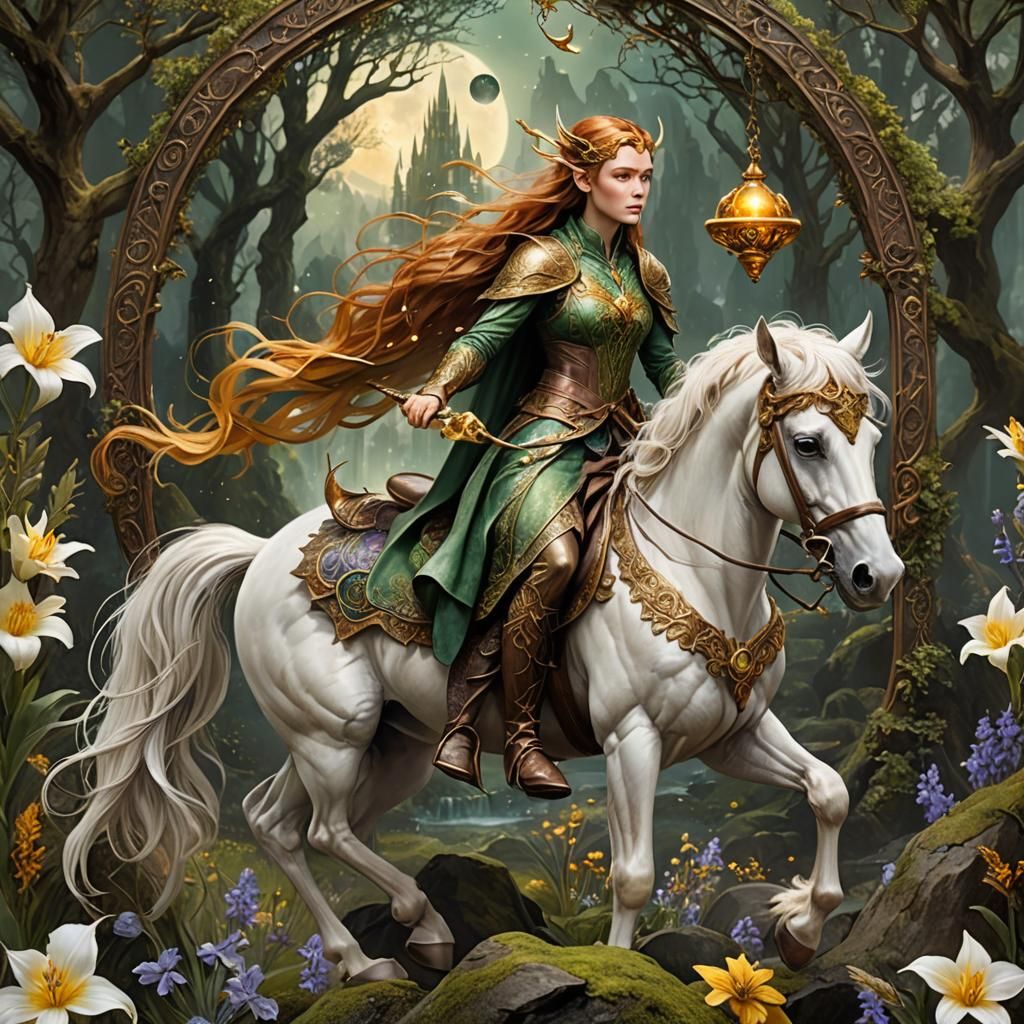 Elven Princess on Mythical Creature, Fantasy Art