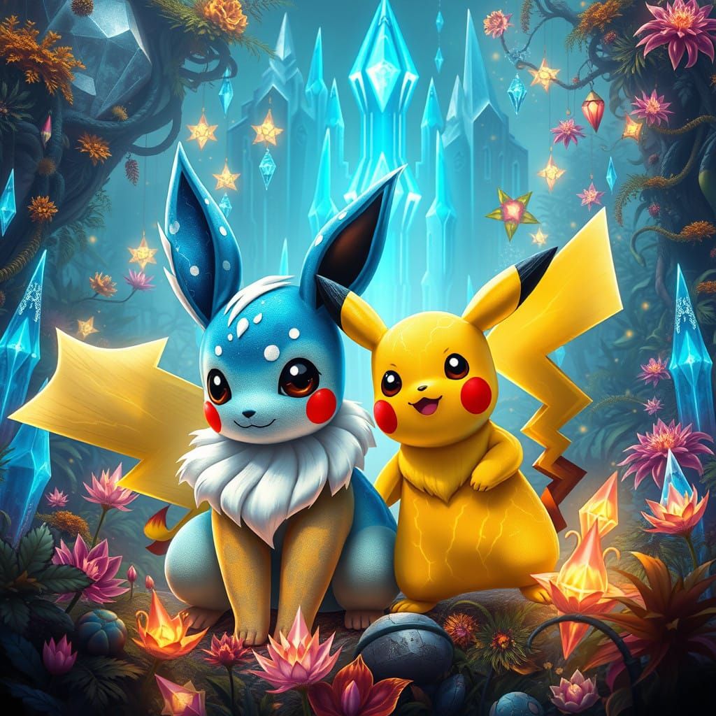 Whimsical Eevee and Pikachu in a Dreamlike World