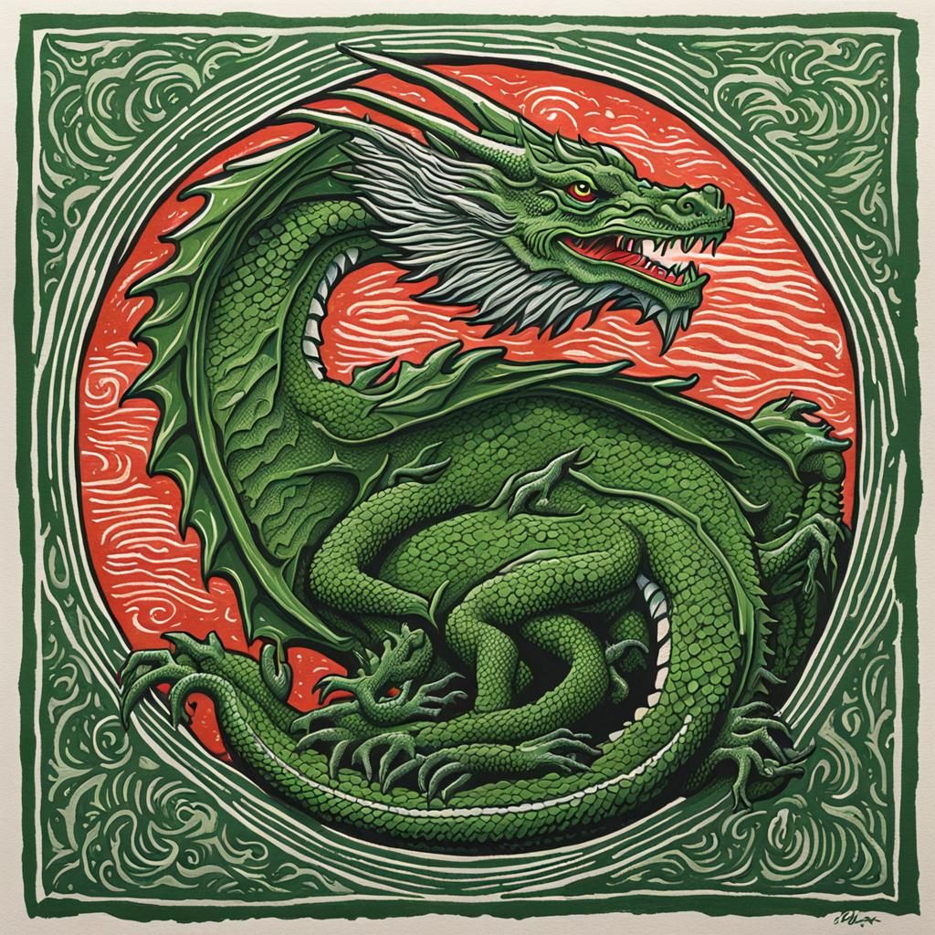 Green Dragon Linocut with Gouache Details