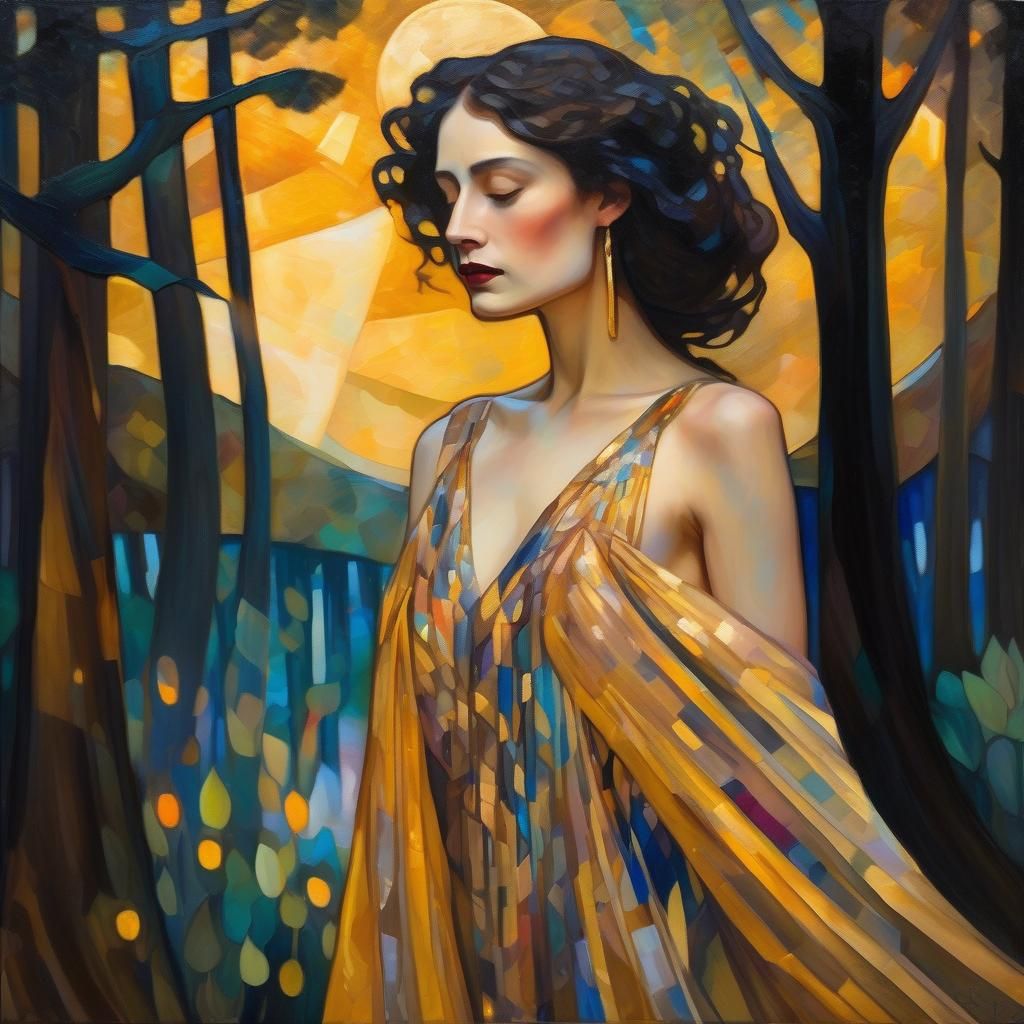 Woman in Moonlit Forest, Klimt-Schiele Style