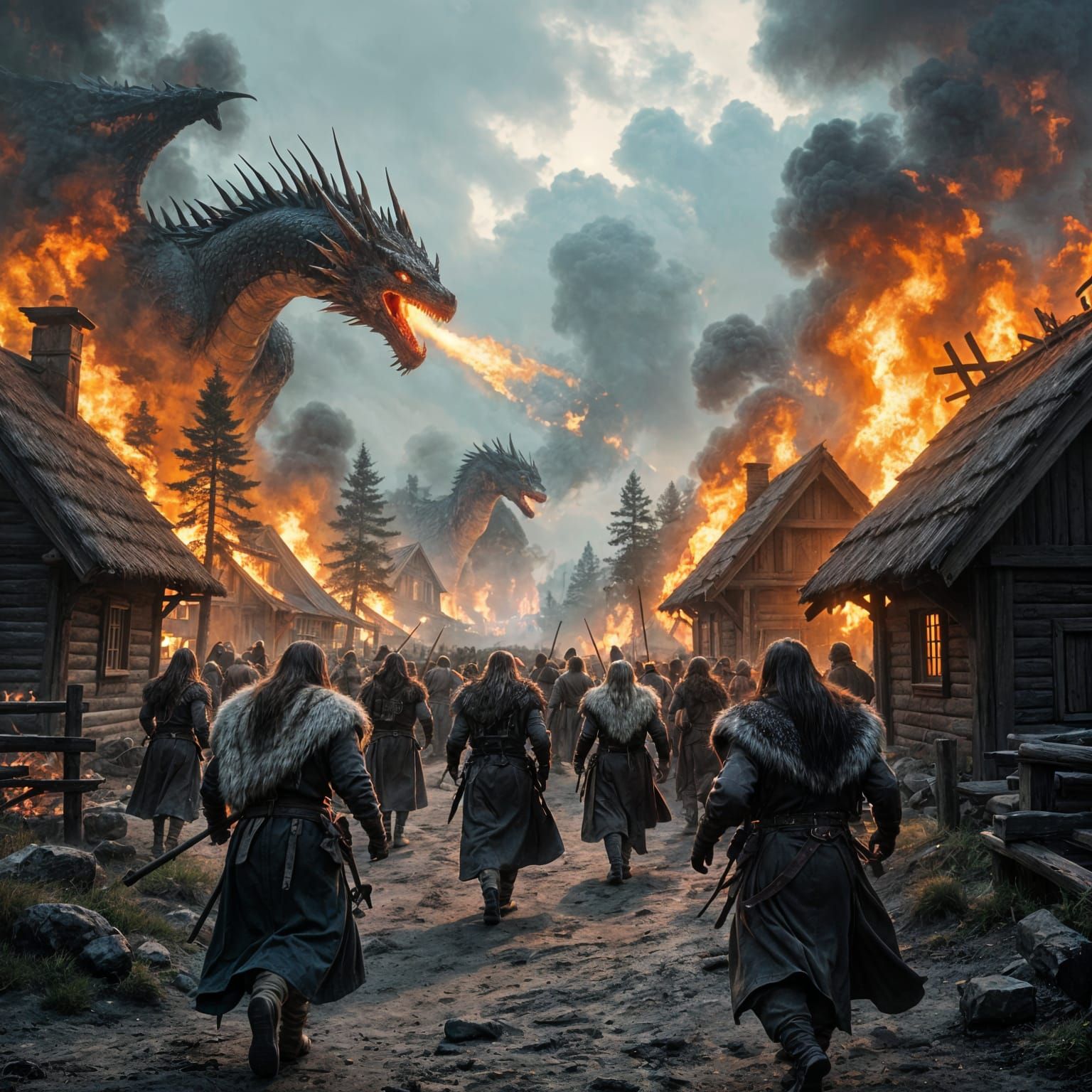 Dragons Attack Burning Norse Village in Daylight