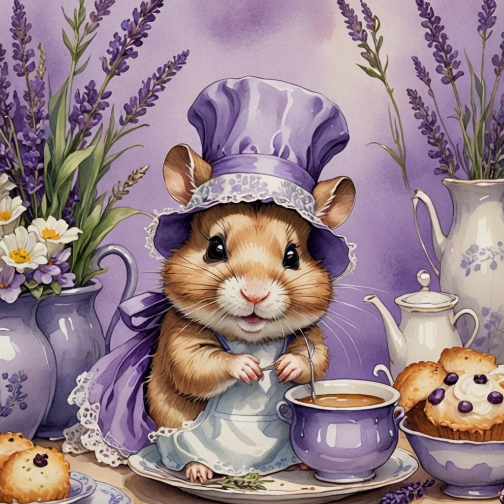 Hamster in Purple Hat: Whimsical 19th Century Illustration
