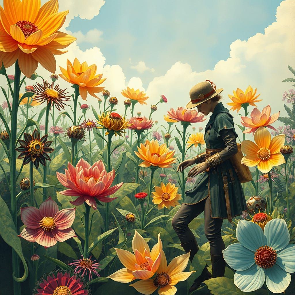 Surreal Steampunk Garden with Mechanical Flowers