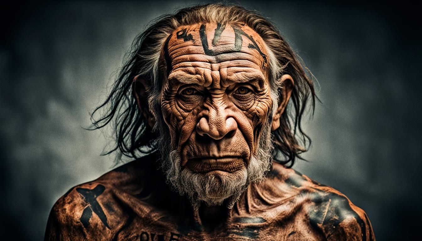 Elderly Neanderthal with 'LOVE' Tattoo: Emotional Photo