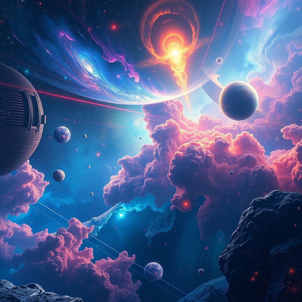 Vibrant Cosmic Landscape in Retro-Futuristic Style