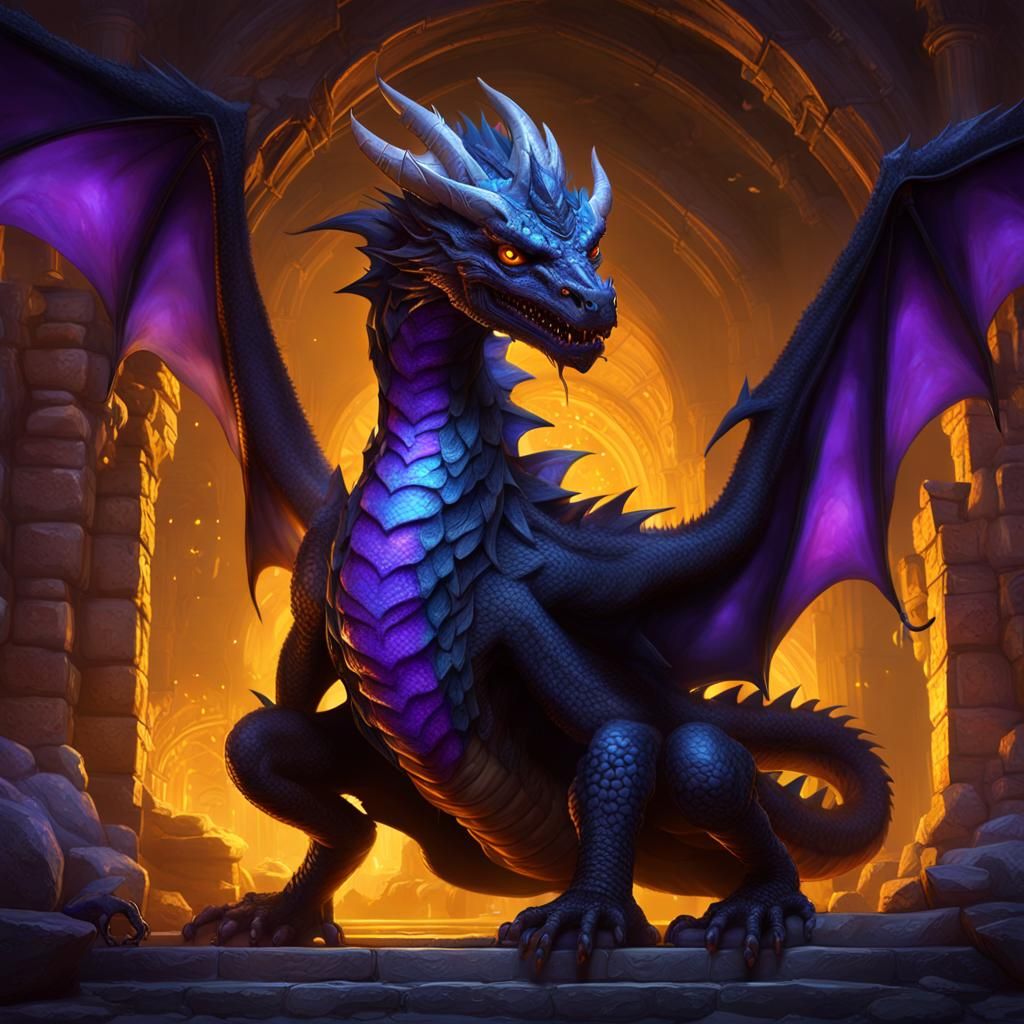 Baby Black Dragon in Hades: Dark Fantasy Art