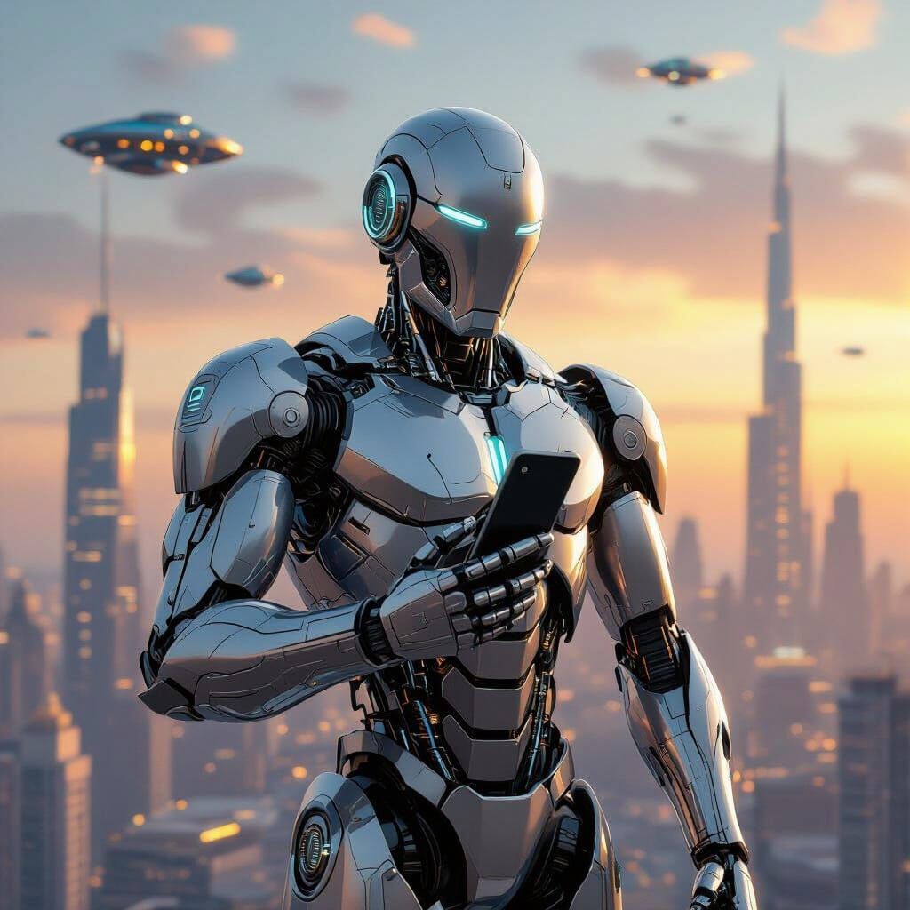 Futuristic Robot with Phone in Fantasy City