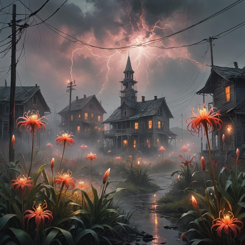 Eerie Ghost Town Concept Art with Spider Lilies