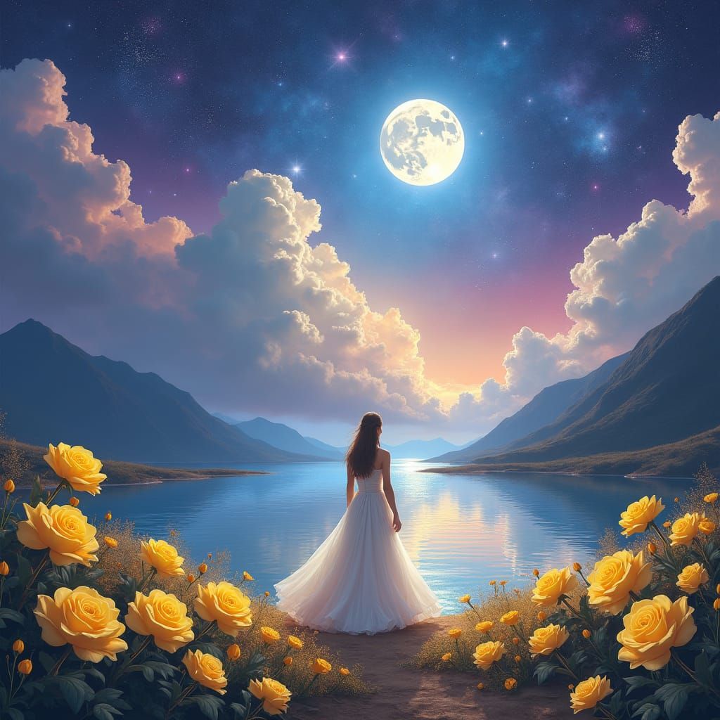 Serene Woman by Luminous Lake with Galaxy Sky