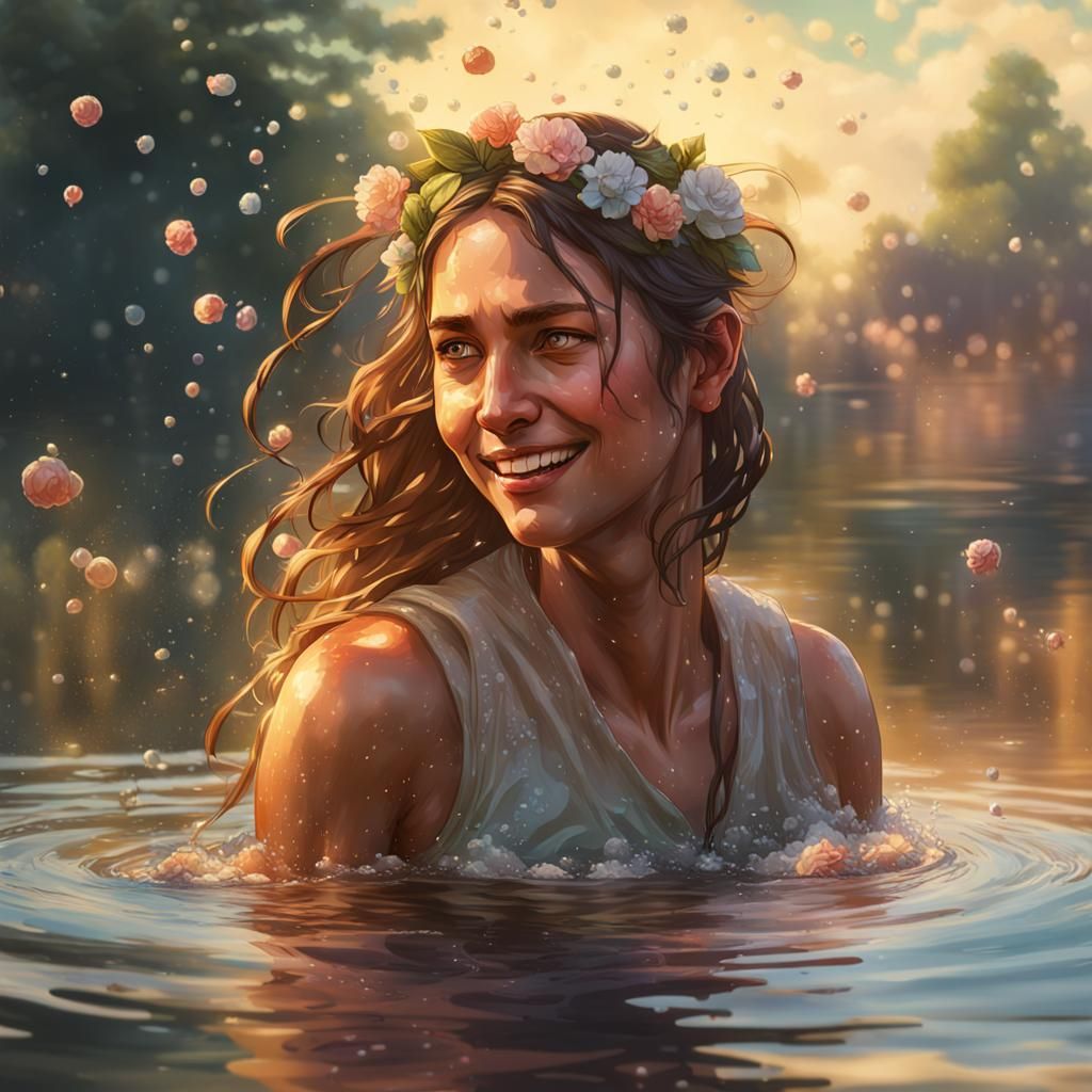 Woman Bathes in Lake: Hyperdetailed Splash Art Portrait
