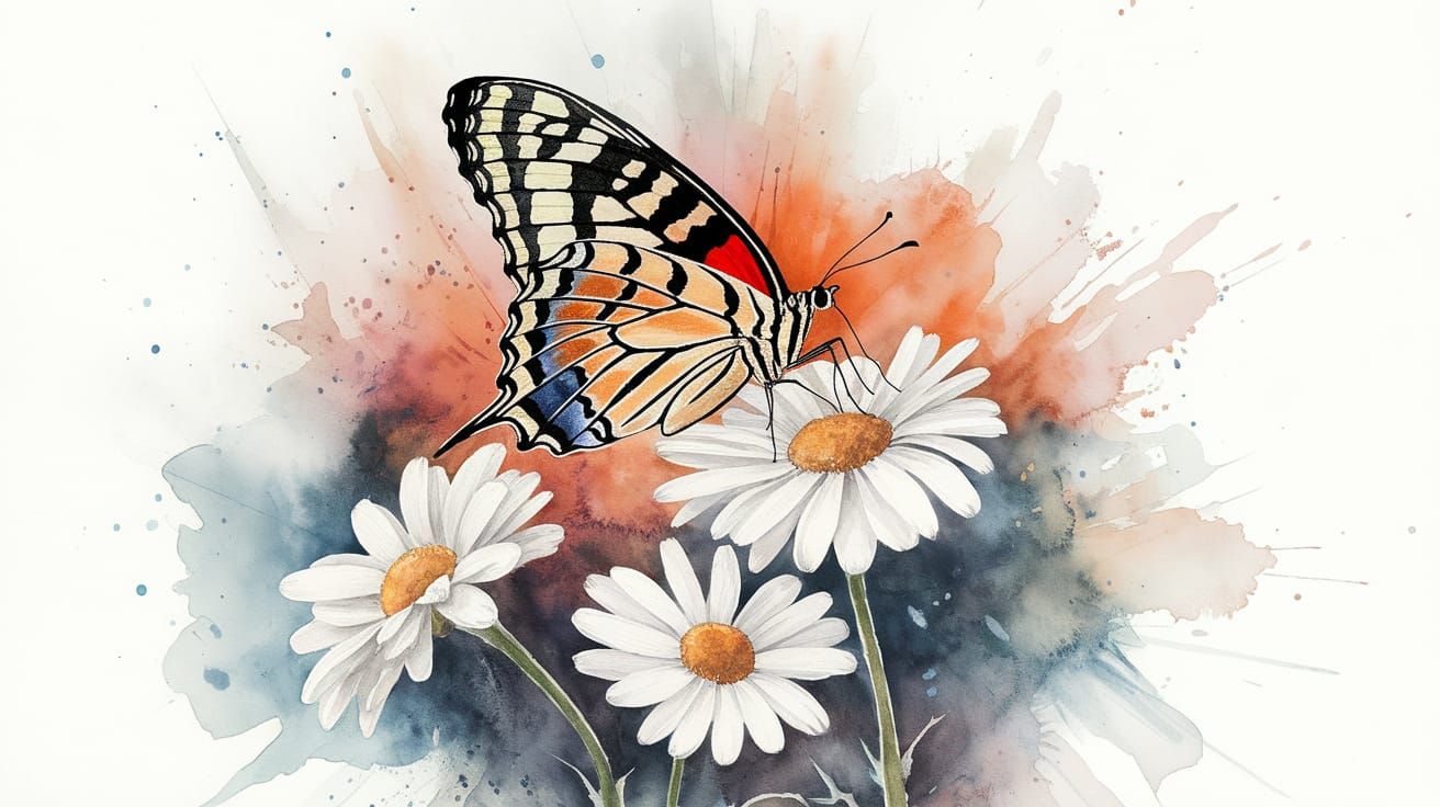 Vibrant Butterfly Lands on Daisy Blooms in Watercolor