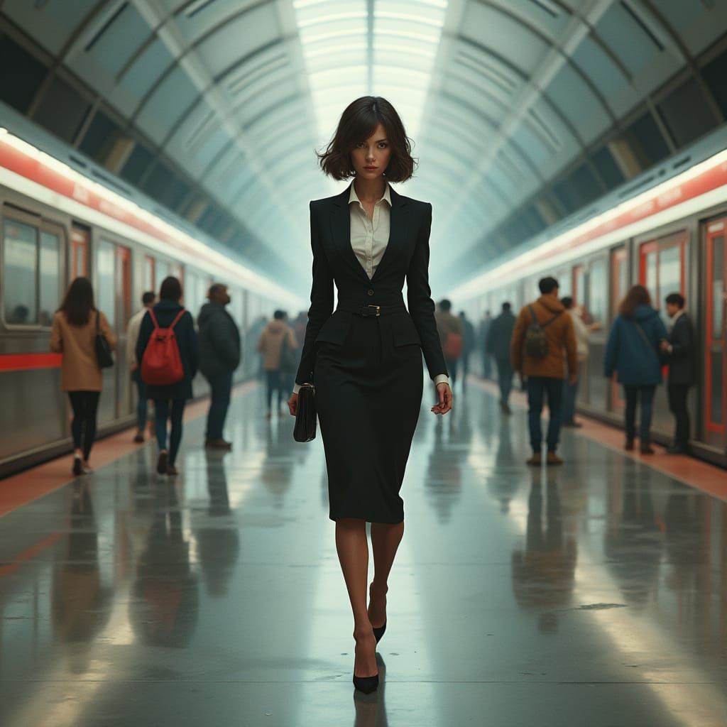 Woman in Futuristic Metro Station with Industrial Aesthetic
