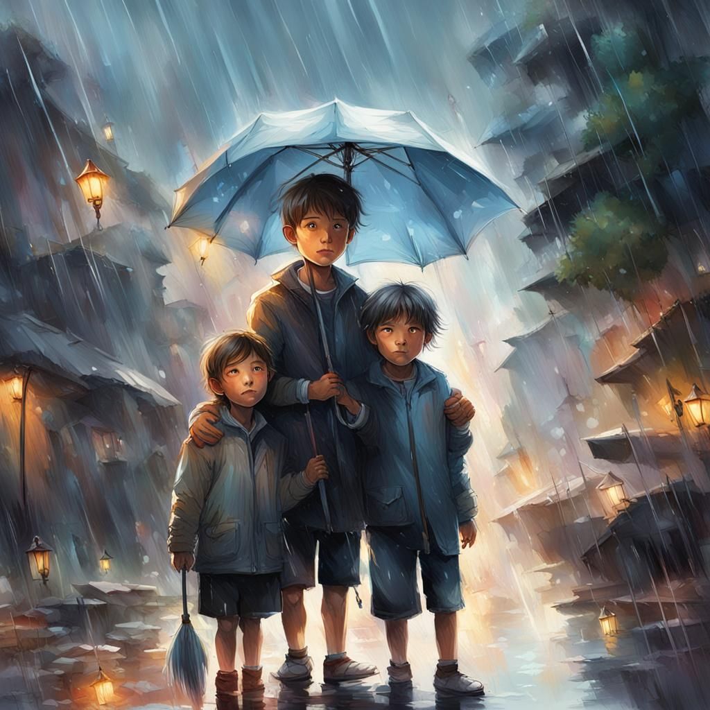 Children in Rainy Weather: Hyperdetailed Ink Portrait