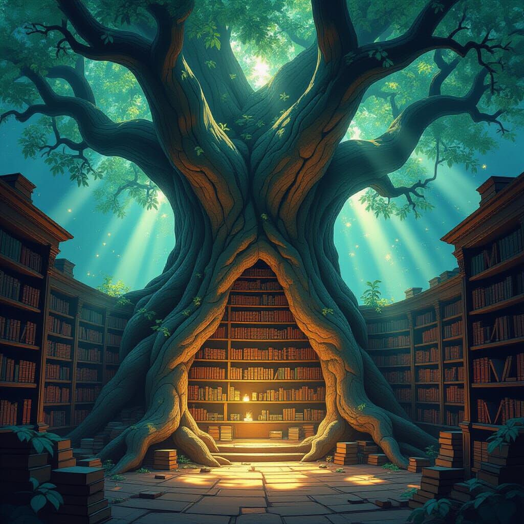 Ancient Petrified Tree Library Illuminated by Ethereal Light