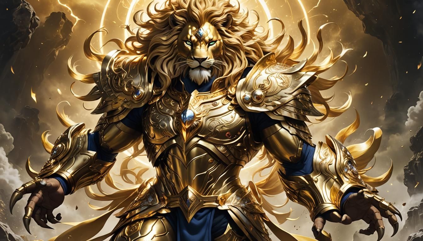 human Aiolia, clad in his radiant Leo God Cloth.