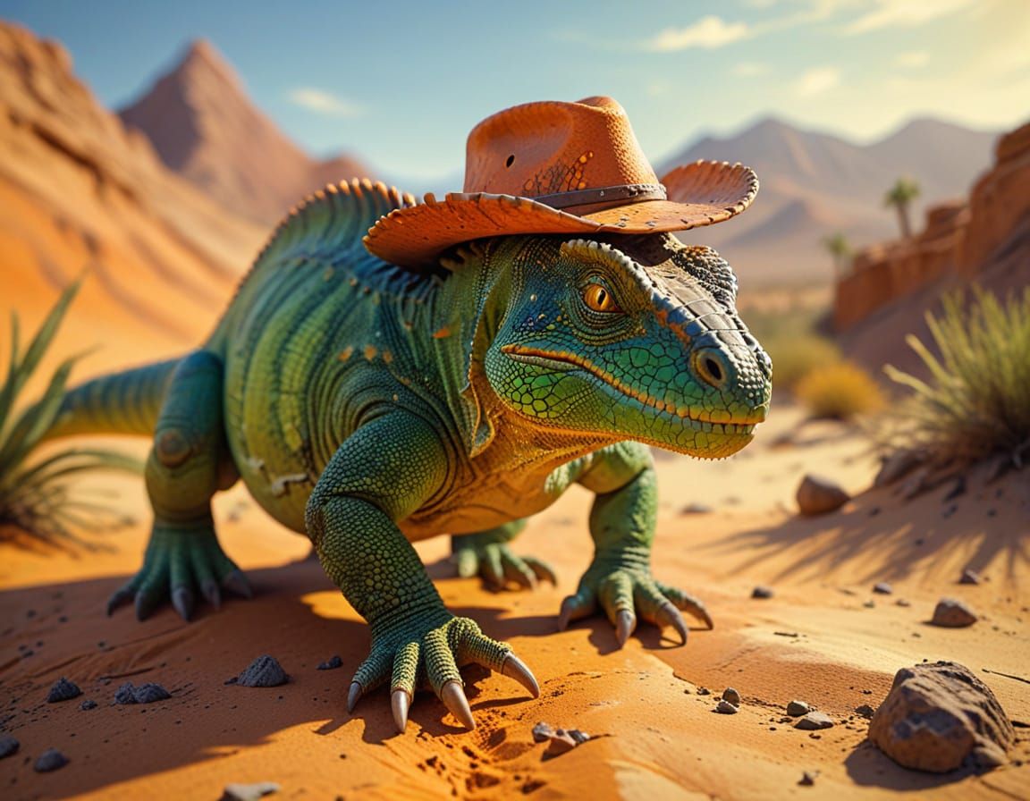 A Majestic Lizard Strides Through Desert Landscape in Oil Pa...