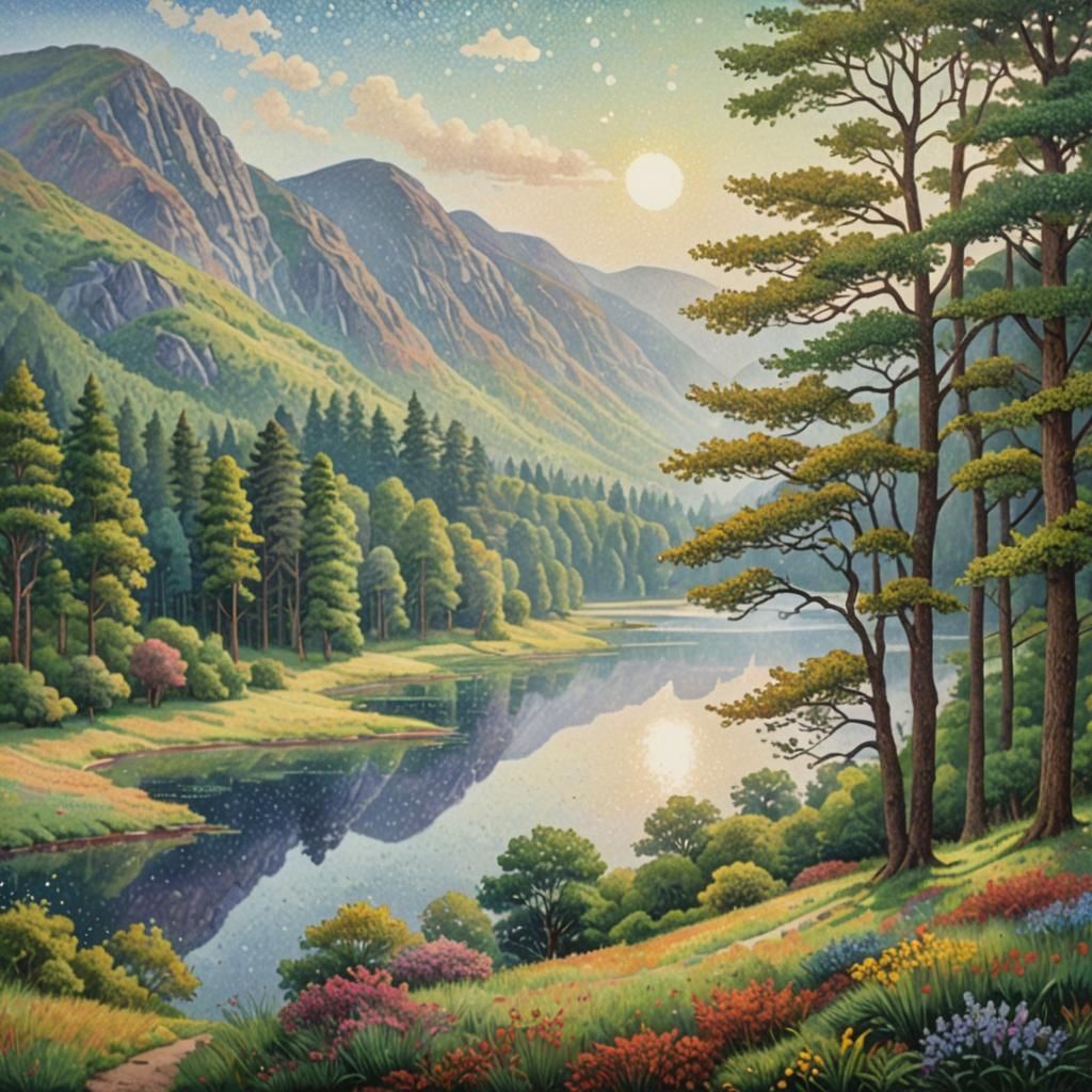 Scottish Glen Overlooking Loch in Pointillism Style