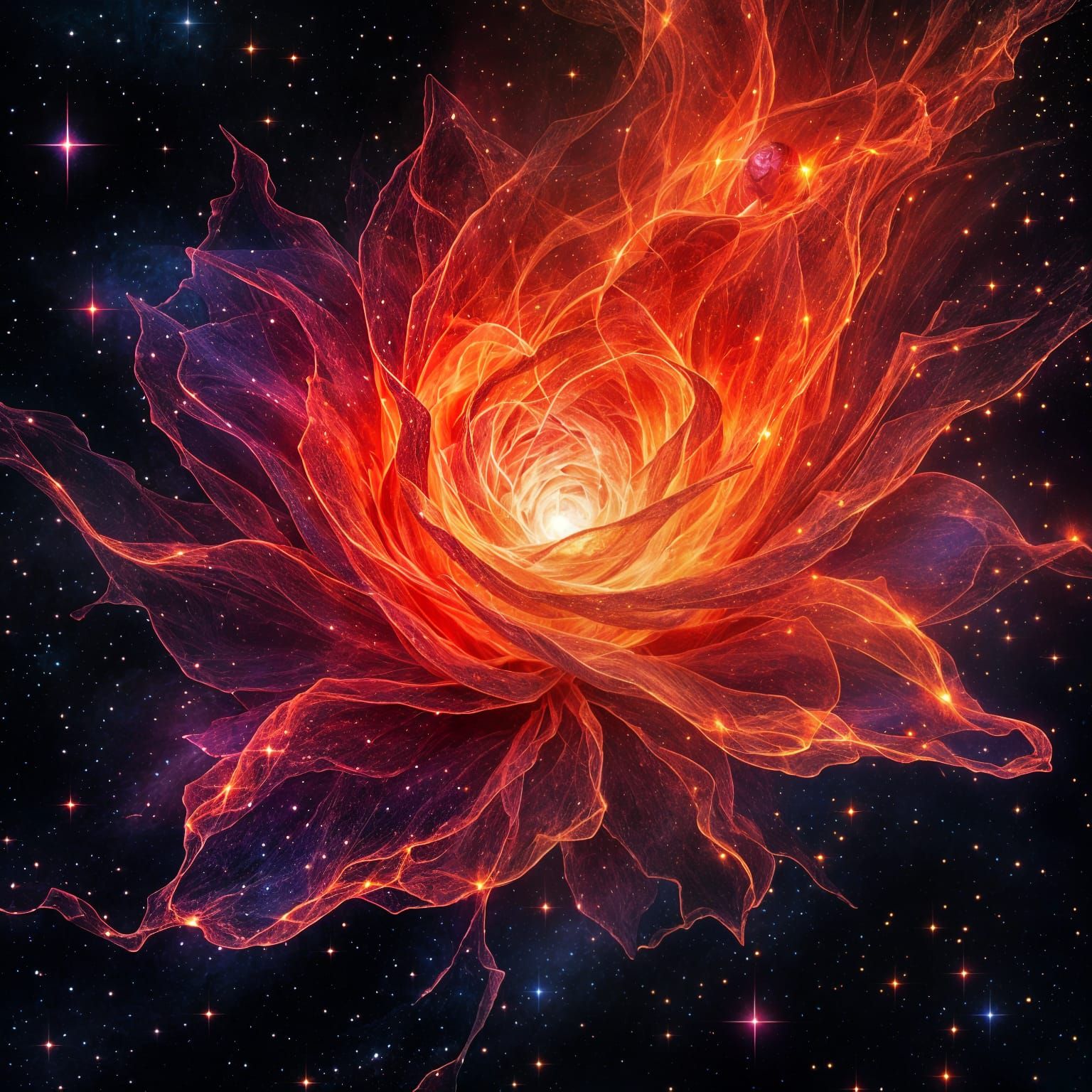 Ember Veil Rose: Cosmic Holographic Illustration
