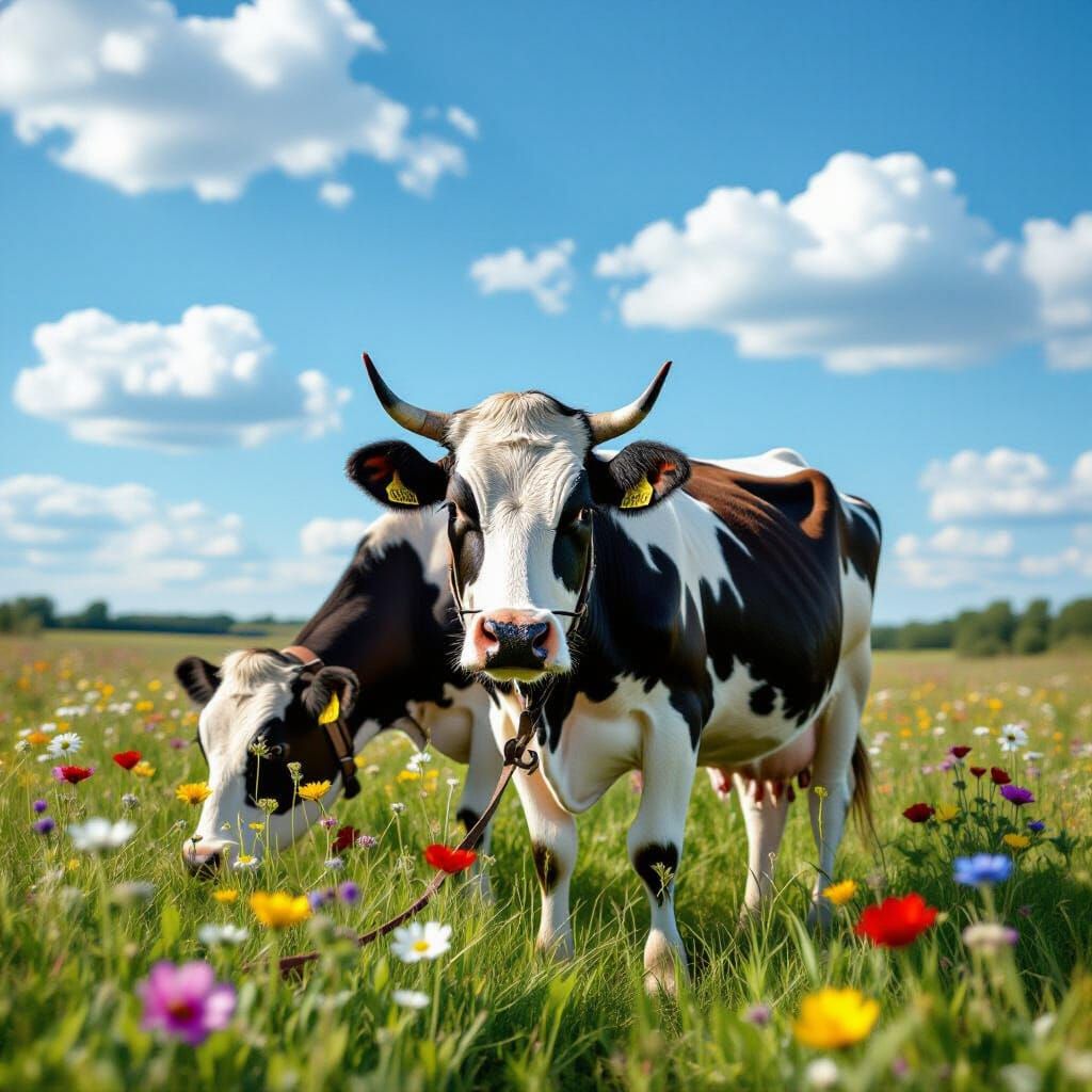 Monochrome Cow Grazing in Vibrant Meadow: Cinematic Style