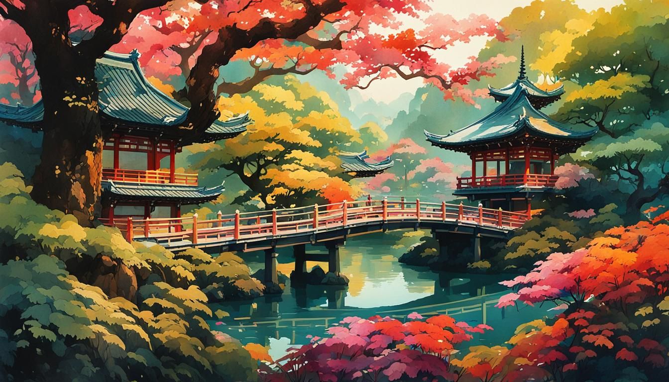 Vibrant Japanese Garden Pop-Up Book Illustration