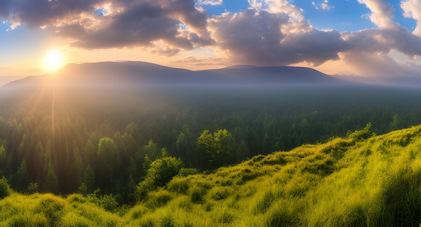 Overgrown Moraine Panorama with Godrays and Volumetric Light...
