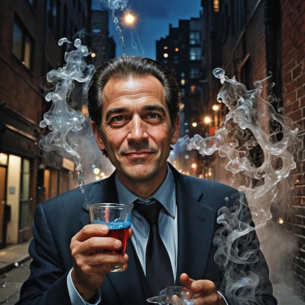 Mischievous Man with Glowing Eyes in Alley